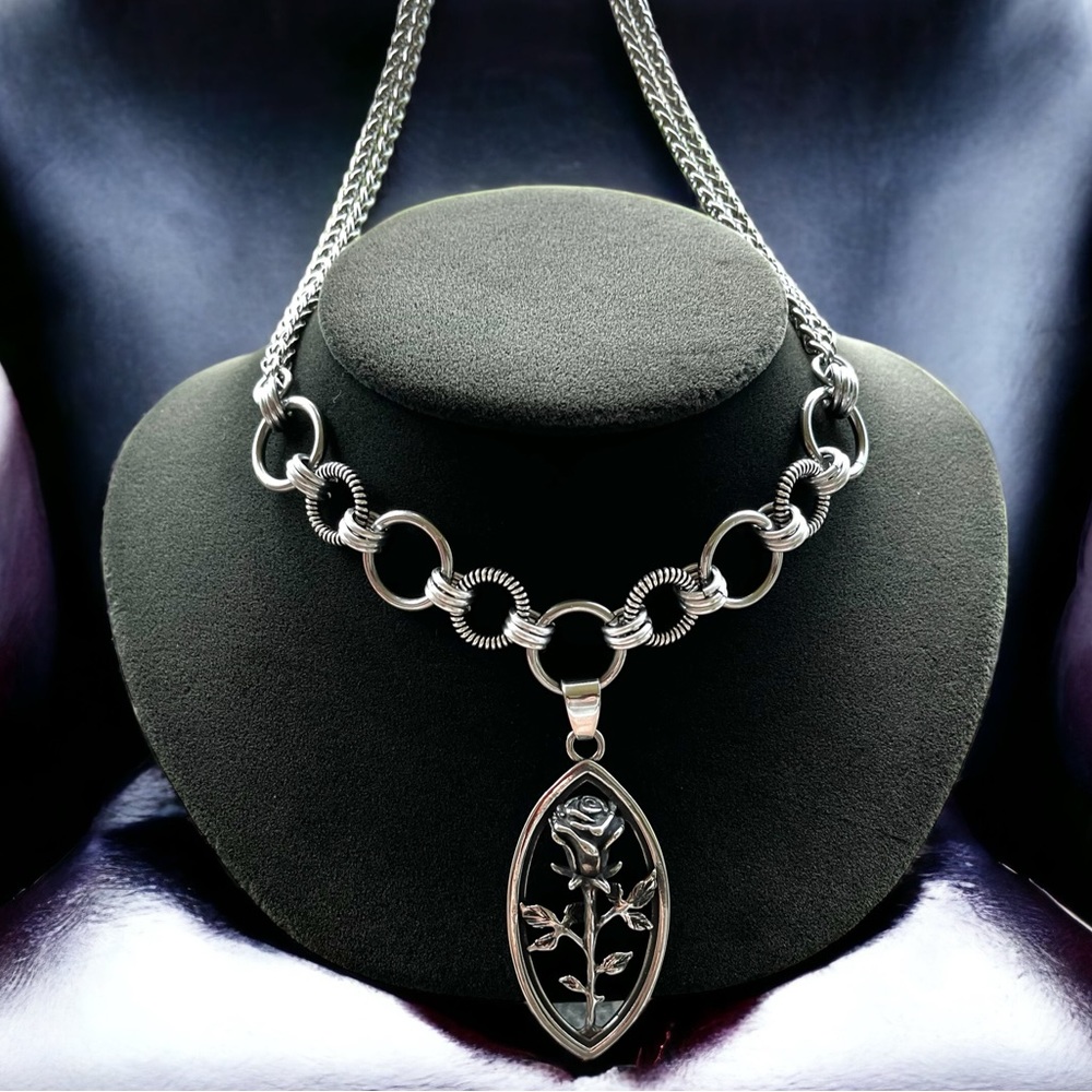 Stainless steel necklace double wheat chain rose charm medal charm choker boho